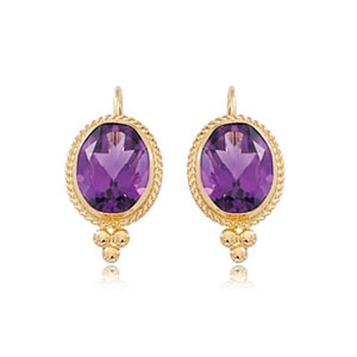 14k Yellow Gold Oval Amethyst Lever Back Earrings with Ball Accents