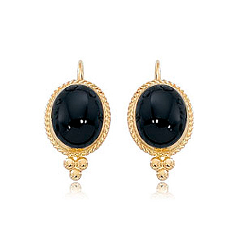 14k Yellow Gold Oval Onyx Lever Back Earrings with Ball Accents
