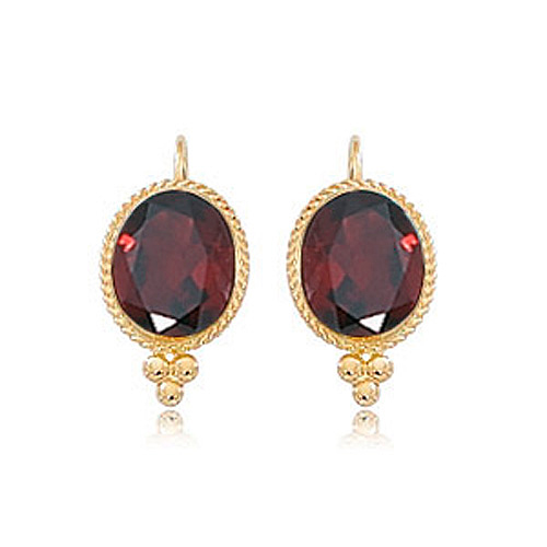 14k Yellow Gold Oval Garnet Lever Back Earrings with Ball Accents