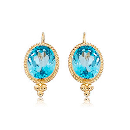14k Yellow Gold Oval Blue Topaz Lever Back Earrings with Ball Accents