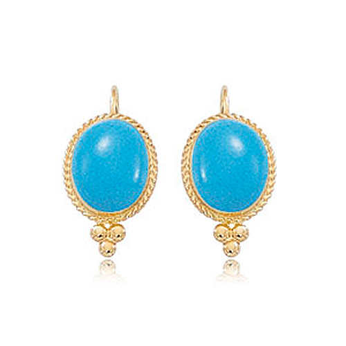 14k Yellow Gold Oval Turquoise Lever Back Earrings with Ball Accents
