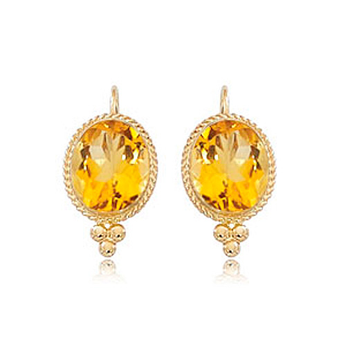 14k Yellow Gold Oval Citrine Lever Back Earrings with Ball Accents
