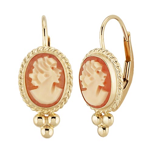 14k Yellow Gold Oval Cameo Lever Back Earrings with Ball Accents