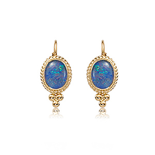 14k Yellow Gold Oval Opal Triplet Lever Back Earrings with Ball Accents
