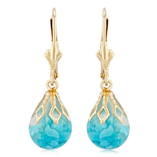 14k Yellow Gold Floating Turquoise Leverback Drop Earrings
