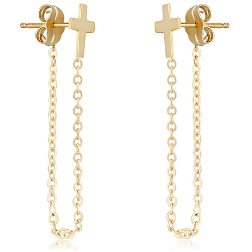 14k Yellow Gold Cross and Chain Front To Back Post Earrings