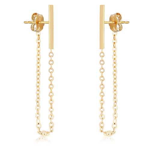 14k Yellow Gold Bar and Chain Front To Back Post Earrings