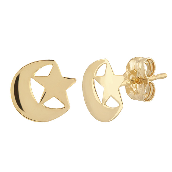 14k Yellow Gold Crescent Moon and Star Stud Earrings