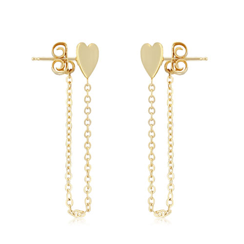 14k Yellow Gold Front to Back Heart Chain Drop Earrings