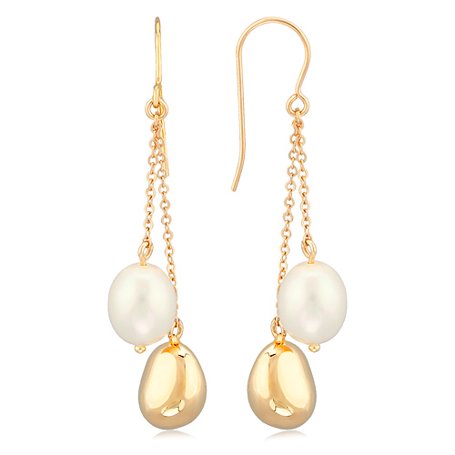 14k Yellow Gold 10mm Oval Freshwater Cultured Pearl and Bead Dangle Earrings