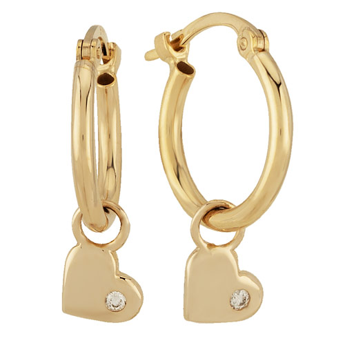 14k Yellow Gold Hoop Earrings with Dangling Hearts and Diamonds