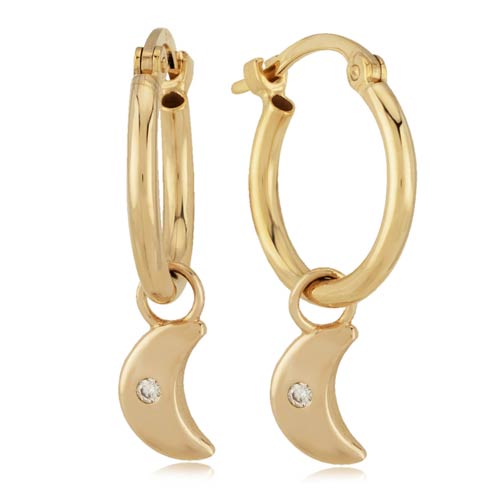 14k Yellow Gold Hoop Earrings with Dangling Moons and Diamonds
