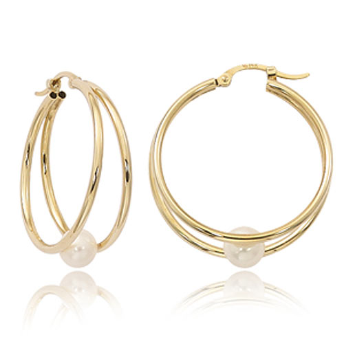 14k Yellow Gold Double Hoop Earrings with Freshwater Cultured Pearl Accents
