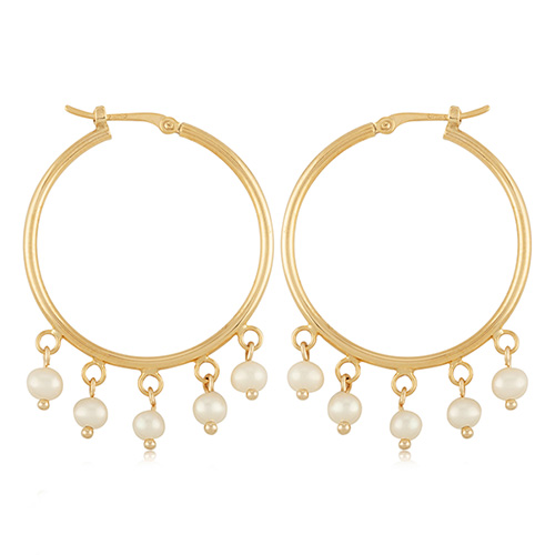 14k Yellow Gold Hoop Earrings with Dangling Freshwater Cultured Pearls