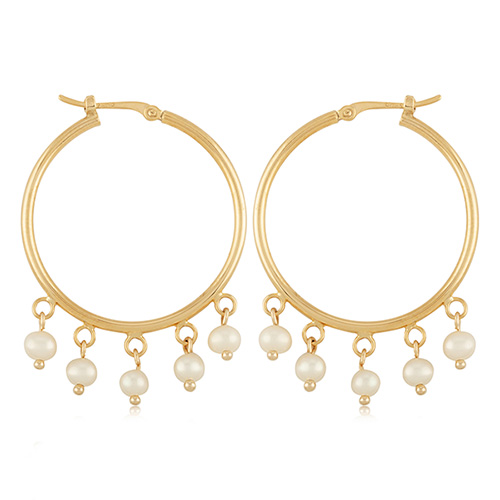 14k Yellow Gold Hoop Earrings with Dangling Freshwater Cultured Pearls