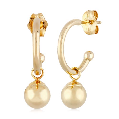 14k Yellow Gold C Hoop Ball Dangle Earrings