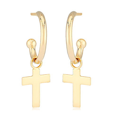 14k Yellow Gold C Hoop Dangle Cross Earrings