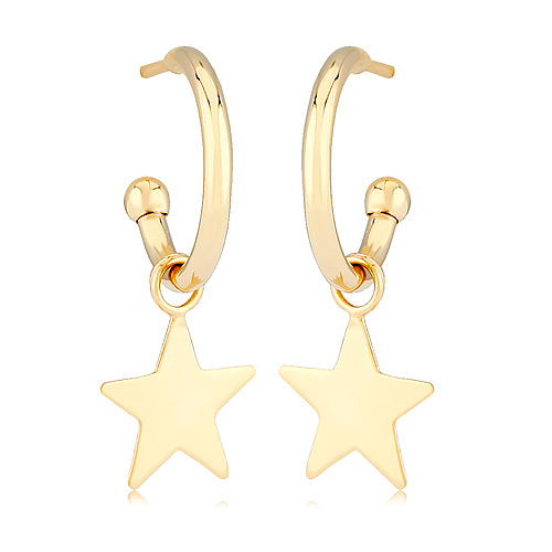 14k Yellow Gold C Hoop Dangle Star Earrings