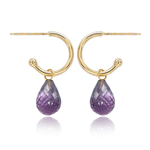 14k Yellow Gold Amethyst Briolette Mini Hoop Dangle Earrings