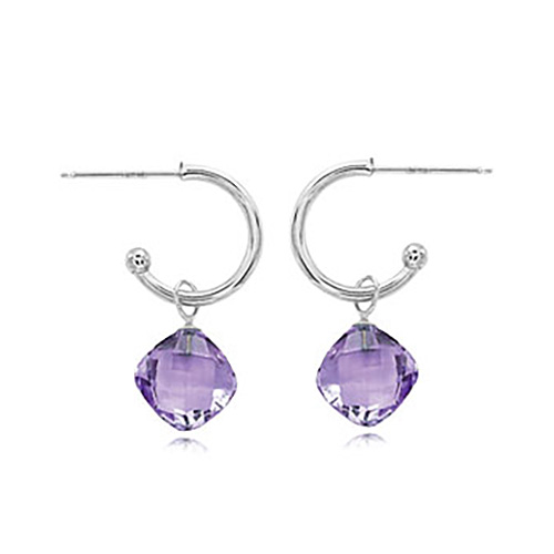 14k White Gold Checkerboard Cushion Cut Amethyst Mini Hoop Dangle Earrings