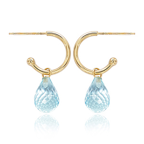 14k Yellow Gold Blue Topaz Briolette Mini Hoop Dangle Earrings