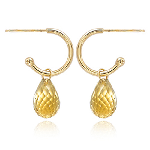 14k Yellow Gold Citrine Briolette Mini Hoop Dangle Earrings