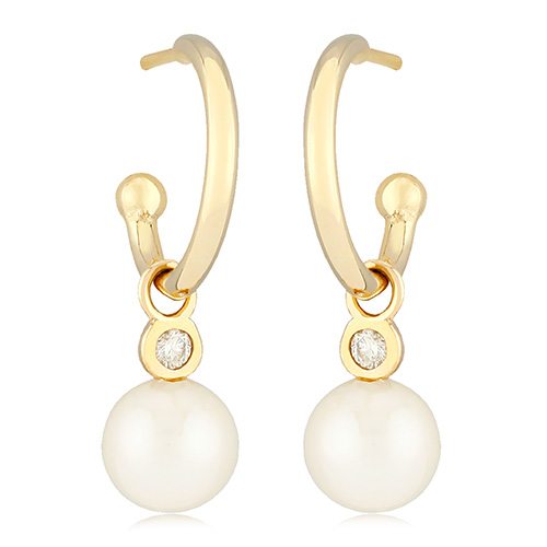 14k Yellow Gold 6mm Cultured Freshwater Pearl and Diamond C Hoop Earrings