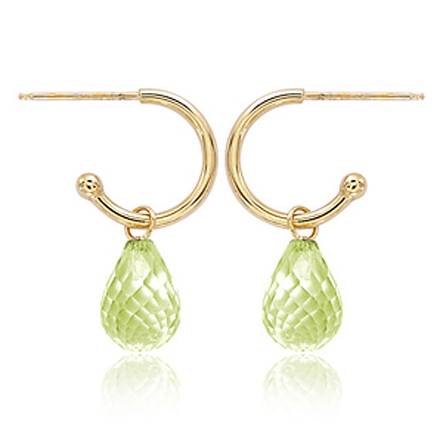 14k Yellow Gold Peridot Briolette Mini Hoop Dangle Earrings