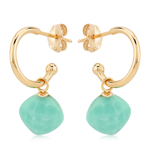 14k Yellow Gold Square Turquoise Mini Hoop Dangle Earrings