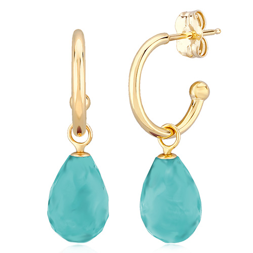 14k Yellow Gold Turquoise Briolette Mini Hoop Dangle Earrings
