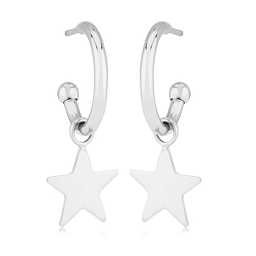 14k White Gold C Hoop Dangle Star Earrings