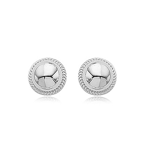 14k White Gold Domed Button Earrings with Textured Border
