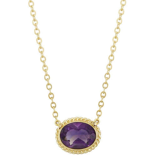 14k Yellow Gold Oval Amethyst Solitaire Necklace With Gallery Border