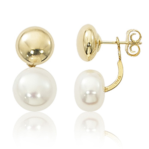 14k Yellow Gold 7mm White Freshwater Pearl and Button Drop Earrings