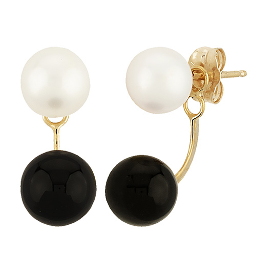 14k Yellow Gold 7mm White Freshwater Pearl and Onyx Drop Earrings