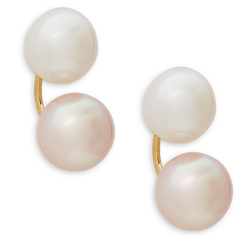 14k Yellow Gold 7mm Pink and White Freshwater Pearl Drop Earrings
