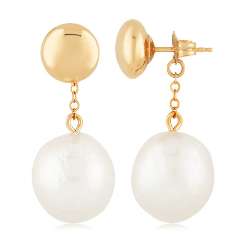 14k Yellow Gold Flat Disc and 12mm Baroque Freshwater Pearl Earrings