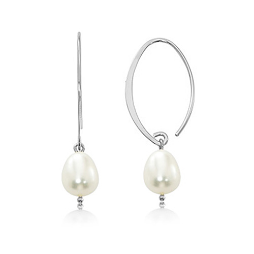 Sterling Silver Oval Freshwater Cultured Pearl Hoop Threader Earrings