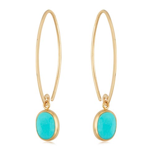 14k Yellow Gold Oval Turquoise Drop Threader Earrings