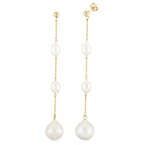14k Yellow Gold Oval and Baroque Freshwater Cultured Pearl Line Earrings