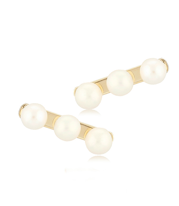 14k Yellow Gold Pearl Bar Stud Earrings