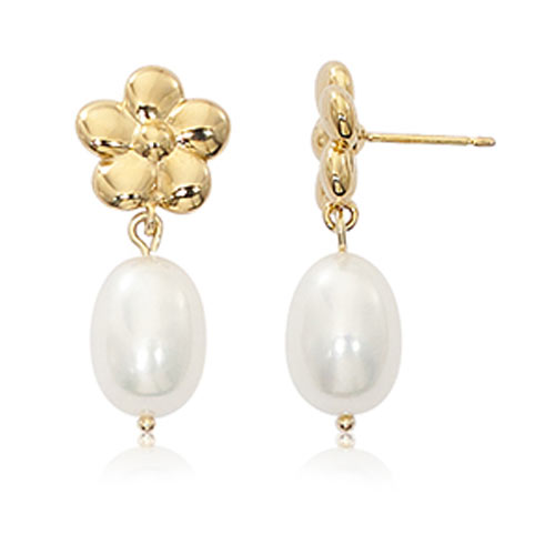 14k Yellow Gold Flower and Freshwater Cultured Pearl Drop Earrings