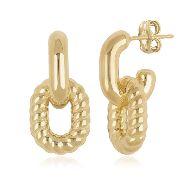 14k Yellow Gold Oval Double Link Twist Dangle Earrings
