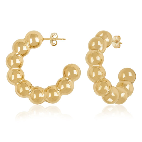 14k Yellow Gold Beaded Open Hoop Earrings 1in