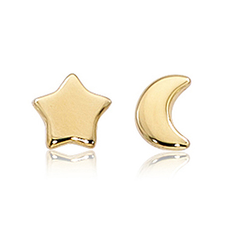 14k Yellow Gold Crescent Moon and Star Stud Earrings