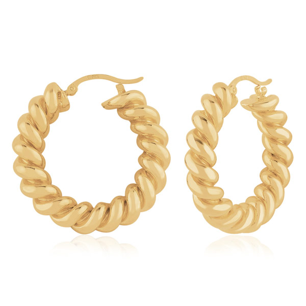 14k Yellow Gold Spiral Twisted Hoop Earrings 1in