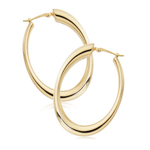 14k Yellow Gold Tapered Oval Hoop Earrings Polished Finish 1.5in