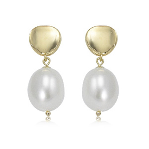 14k Yellow Gold Oval White Freshwater Pearl and Button Drop Earrings