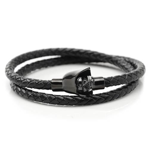 Stainless Steel Darth Vader Black Leather Bracelet with Wrap Design