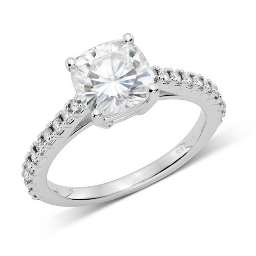 14kt White Gold 2.7 ct tw Forever One Moissanite Cushion Cut Ring